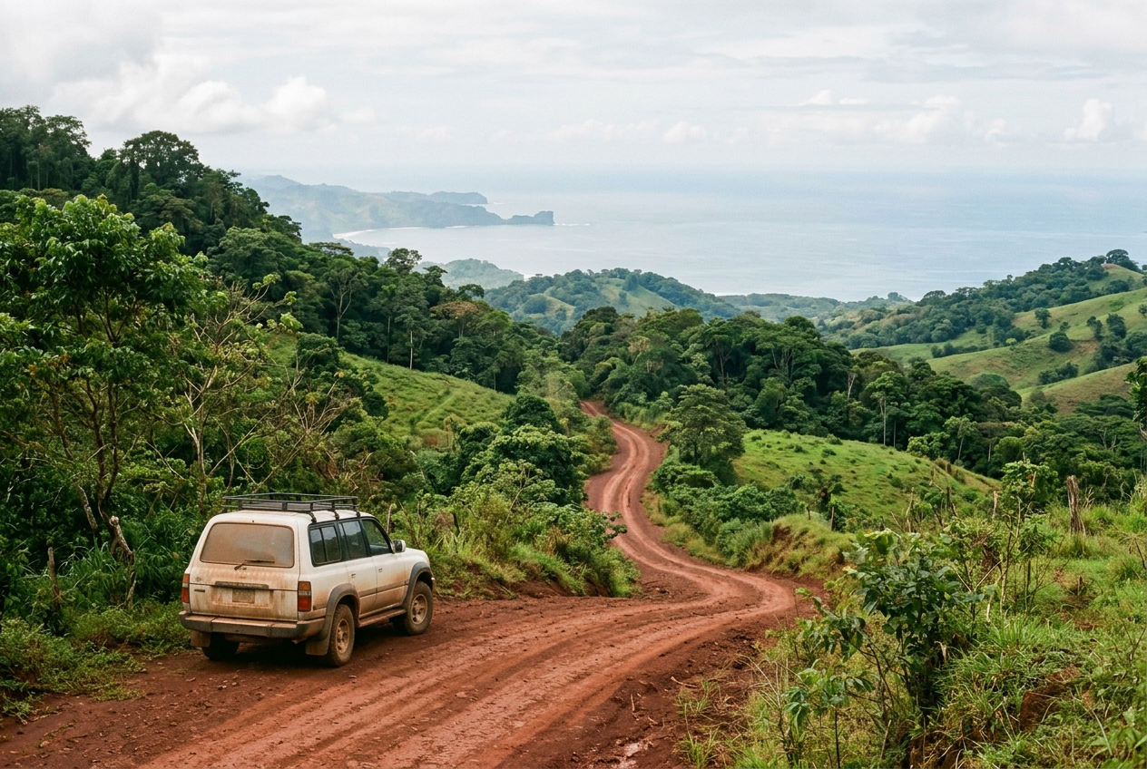 A vehicle on a red-dirt mountain road above Uvita with rainforest and pasture in the Costa Rican Southern Zone