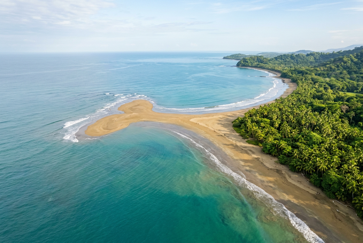 Sunset over a pool and palms at an ocean-view home on Costa Rica's Costa Ballena