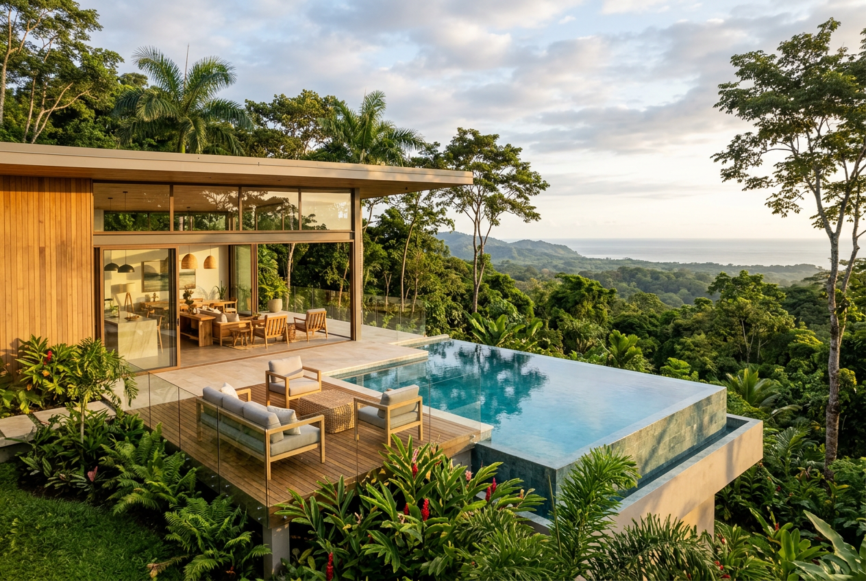 A private pool and garden surrounded by dense rainforest at a home in Ojochal, Costa Rica