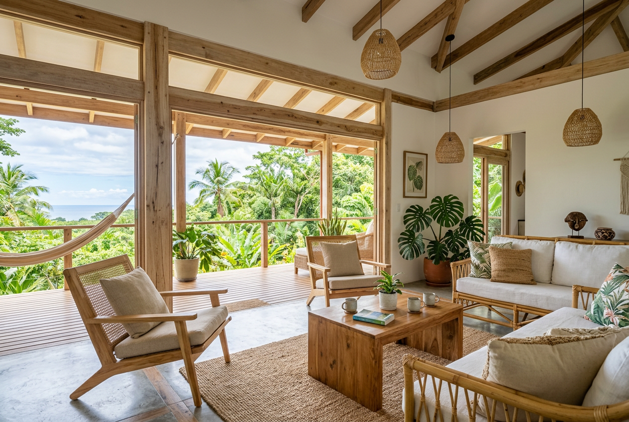Covered open-air terrace and pool of a long-term rental home overlooking rainforest in Costa Rica's Southern Zone