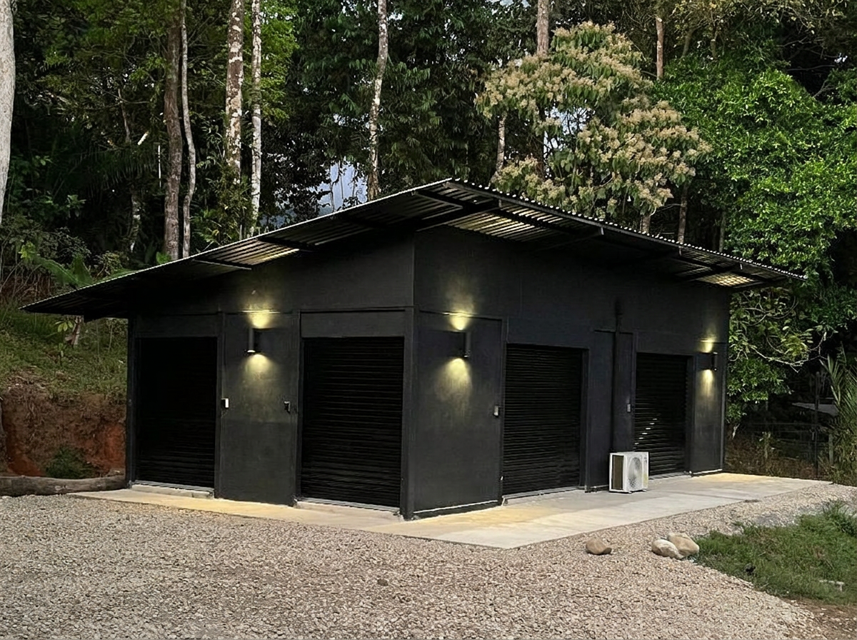 Spaces climate-controlled storage facility at night in Ojochal, Costa Rica